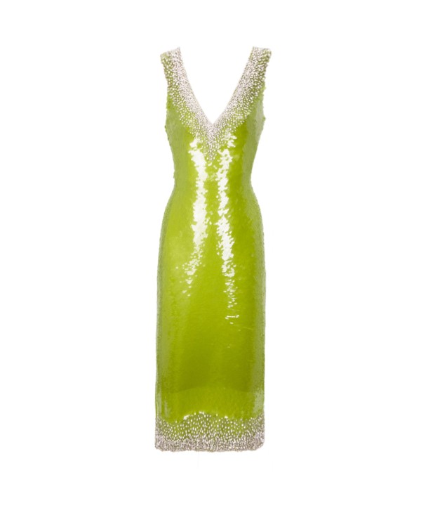 Gemy Maalouf Fitted Sequins Pistachio Dress - Midi Dresses In Green