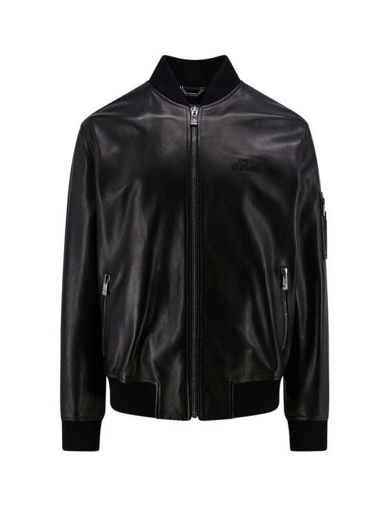 Shop Versace Leather Jacket With Embroidered Logo In Black
