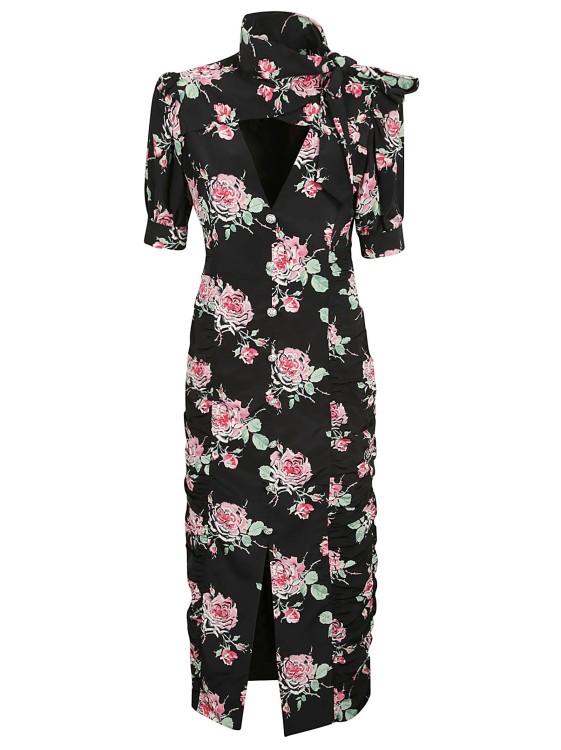 Alessandra Rich Bow-detailed Embellished Draped Floral-print Silk Midi Dress In Black
