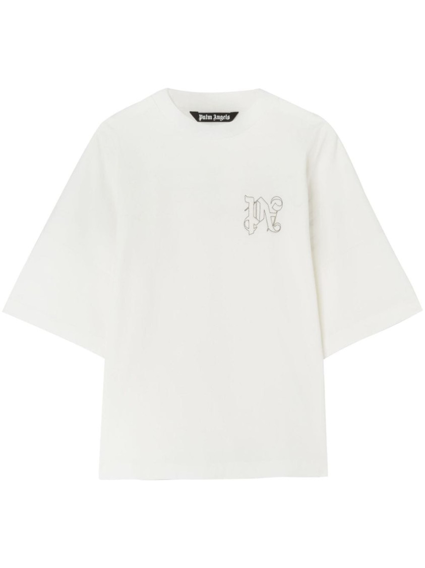 Shop Palm Angels Crisp Cotton T-shirt With Rib Detail And Signature Logo In White