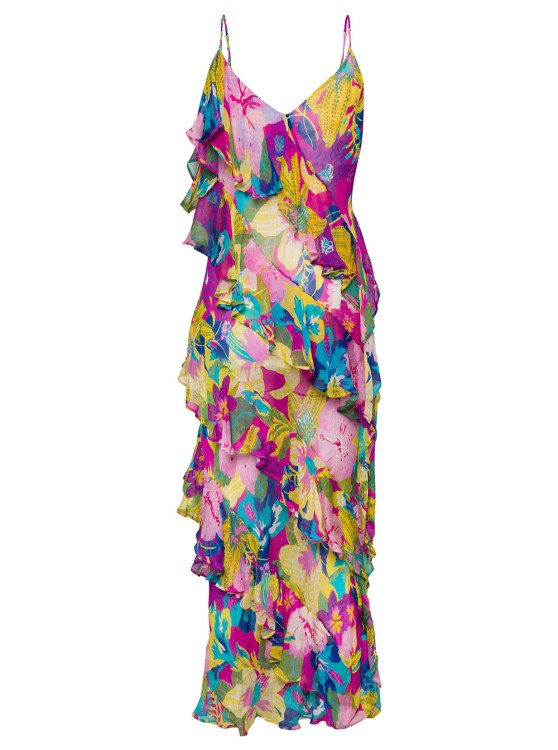 Shop Msgm Long Dress With Frills Embellishment And Floreal Print In Viscose In Pink