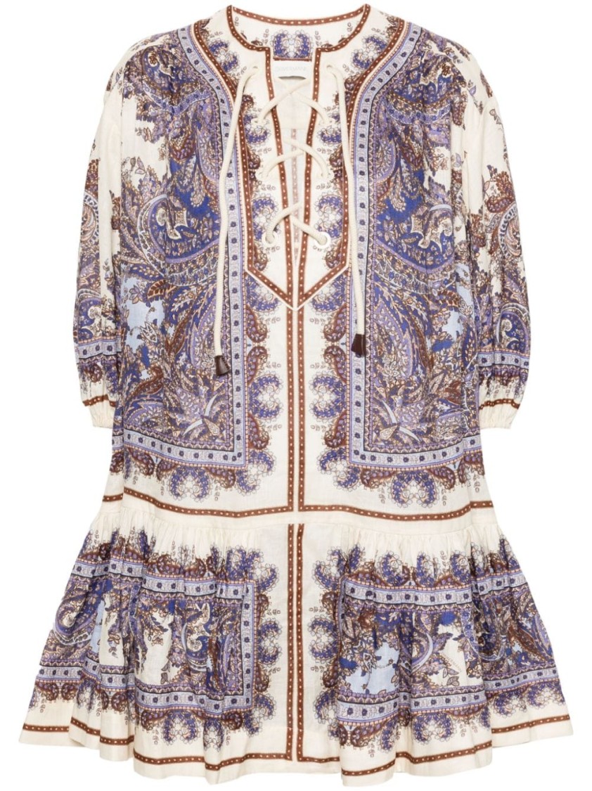 Shop Zimmermann Bohemian Mini Dress With Paisley Print And Relaxed Fit In Grey