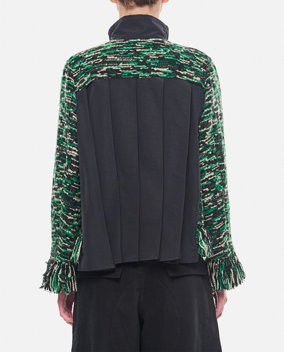 Sacai Mixed Media Fringe Wool Blend Tweed Jacket In Green