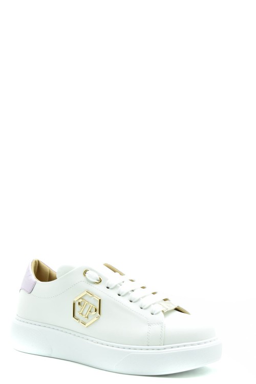 Shop Philipp Plein White Leather Sneakers With Gold Logo Badge