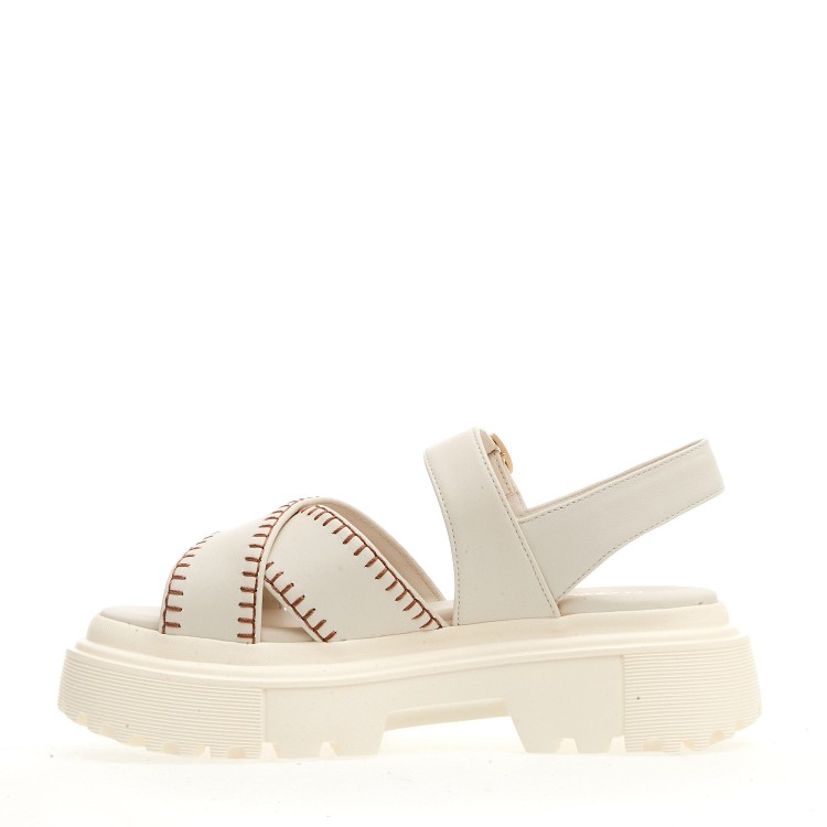 Hogan H644 Tank Sandal In White Stitched Leather In White