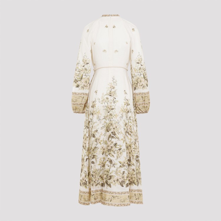 Shop Zimmermann Sage Floral Linen Golden Buttoned Midi Dress In Neutrals