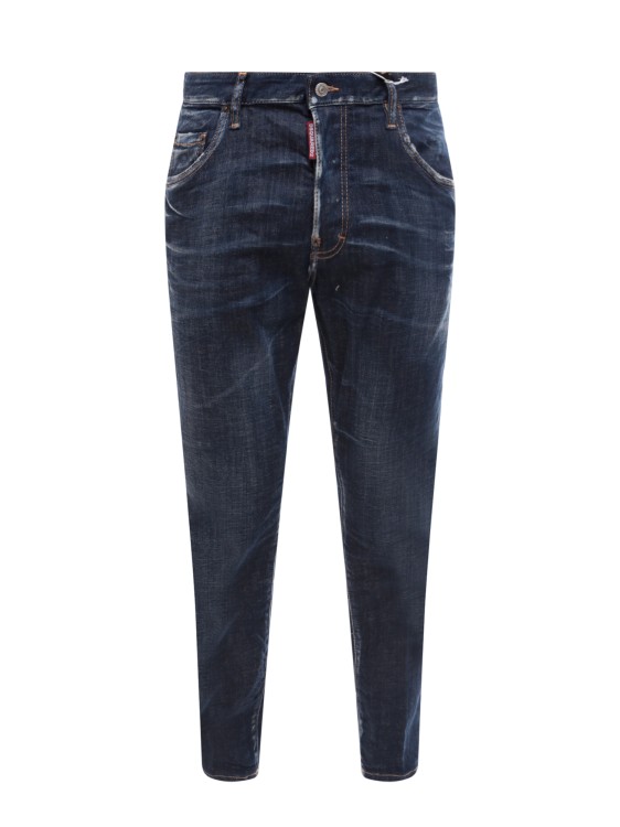 Shop Dsquared2 Stretch Cotton Jeans With Leather Logo In Blue
