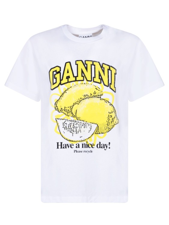 Shop Ganni Crew Neck Short Sleeves With Lemon Print With Graphic Text. In White