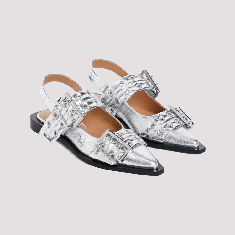 Shop Ganni Feminine Buckle Metallic Silver Polyester Ballerinas In White