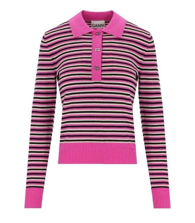 Shop Ganni Fuchsia Striped Polo Jumper In Pink