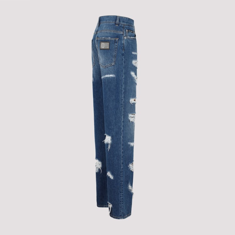 Dolce & Gabbana Distressed Jeans With Leo Print In Blue