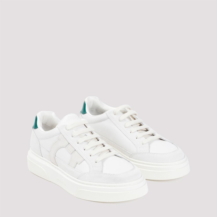 Shop Ferragamo Cassina Off White And Green Suede Leather Sneakers