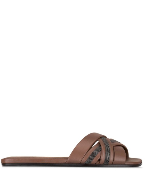 Brunello Cucinelli Leather Monili Flat Slide Sandals In Brown