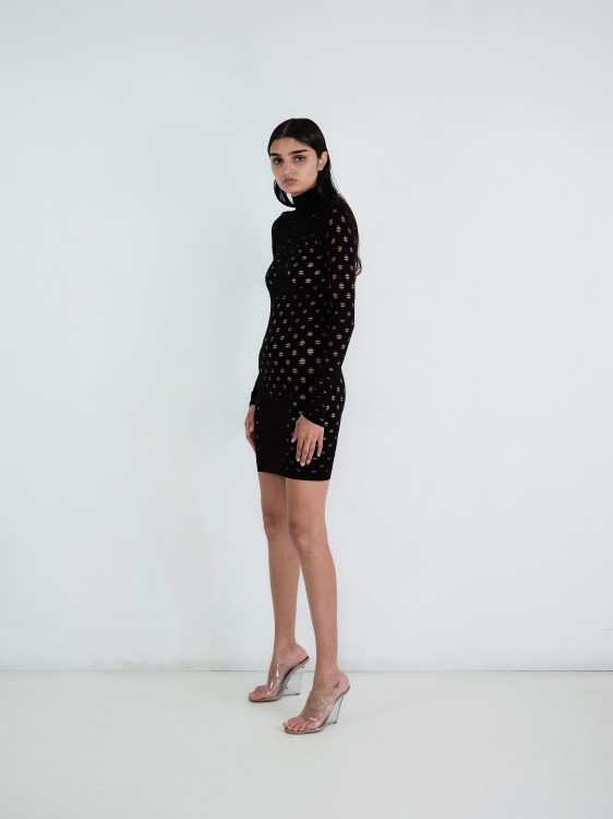 Shop Maisie Wilen Perforated Turtleneck Dress In Black