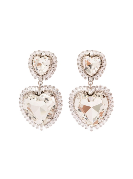 Shop Alessandra Rich Silver-colored Heart-shaped Clip-on Earrings With Crystal Embellishment In Hypoallergenic Brass