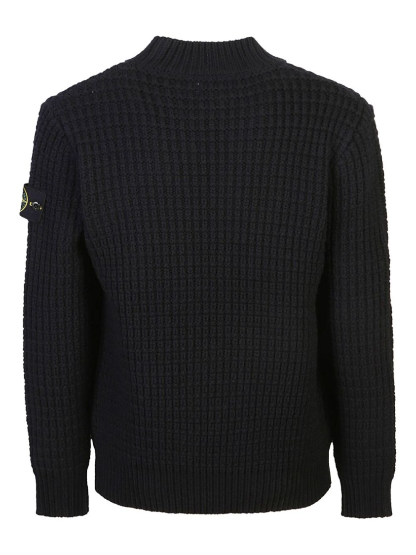 Stone Island Ribbed Texture Black Crew Neck Sweater In Black