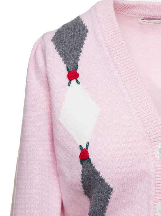 Shop Alessandra Rich Pink Cardigan With 'diamond' Motif And Embroidered Rose Detail In Wool