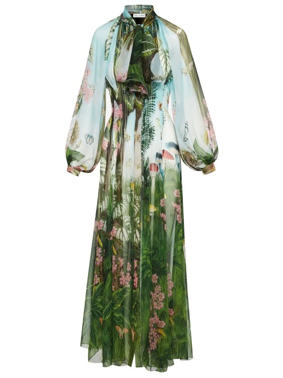 Oscar De La Renta Tie-neck Pintucked Printed Silk-chiffon Gown In Multicolor