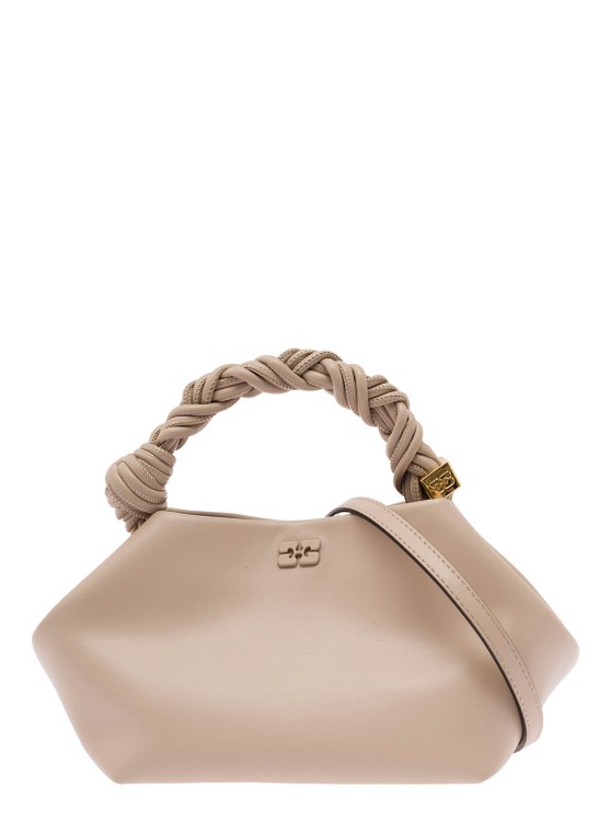 Shop Ganni Bou' Beige Handbag With Butterfly Logo And Hand-braided Strands In Leather In Neutrals