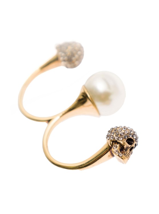 Shop Alexander Mcqueen Gold-tone Double Ring With Crystal Embellished Skulls And Pearl In Brass In Not Applicable