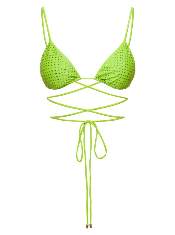 Shop Self-portrait Bikini Top With All-over Crystal Embellishment In Green Polyamide