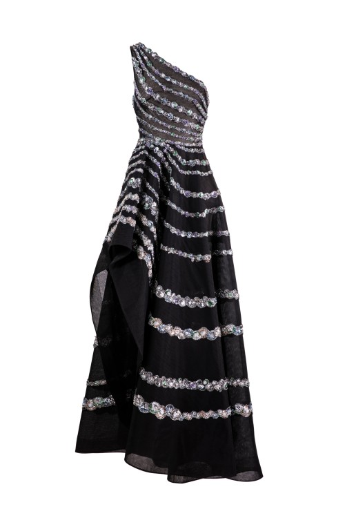 Saiid Kobeisy One Shoulder Asymmetric, Beaded Dress In Black