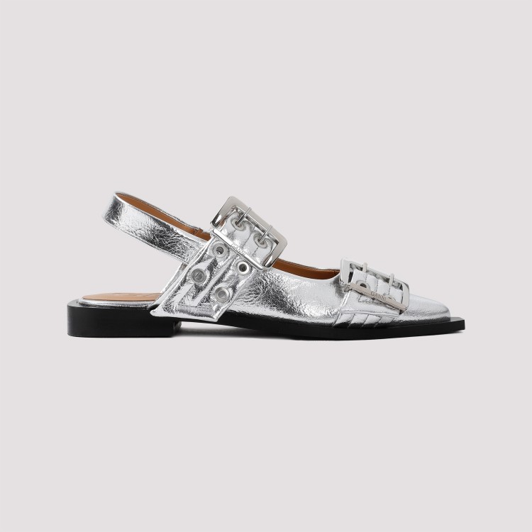 Shop Ganni Feminine Buckle Metallic Silver Polyester Ballerinas In White