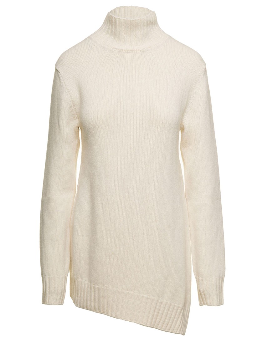 Jil Sander White Mock Neck Jumper With Asymmetric Hem In Wool Woman In White