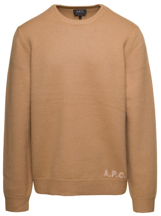 Shop Apc Edward' Beige Crewneck Sweater With Embroidered Logo In Wool In Neutrals
