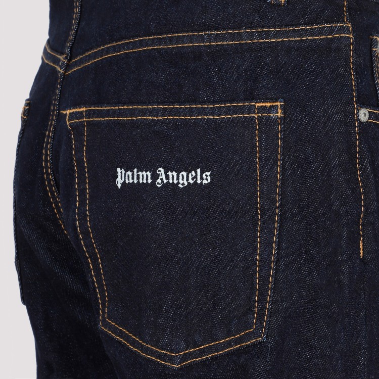 Shop Palm Angels Logo Raw Wash Loose 5 Pkts Navy Blue Cotton Pants In Black