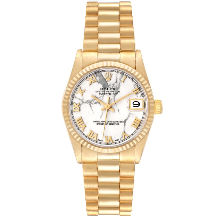 Rolex President Midsize Marble Dial Yellow Gold Ladies Watch 68278 Box Papers In Not Applicable
