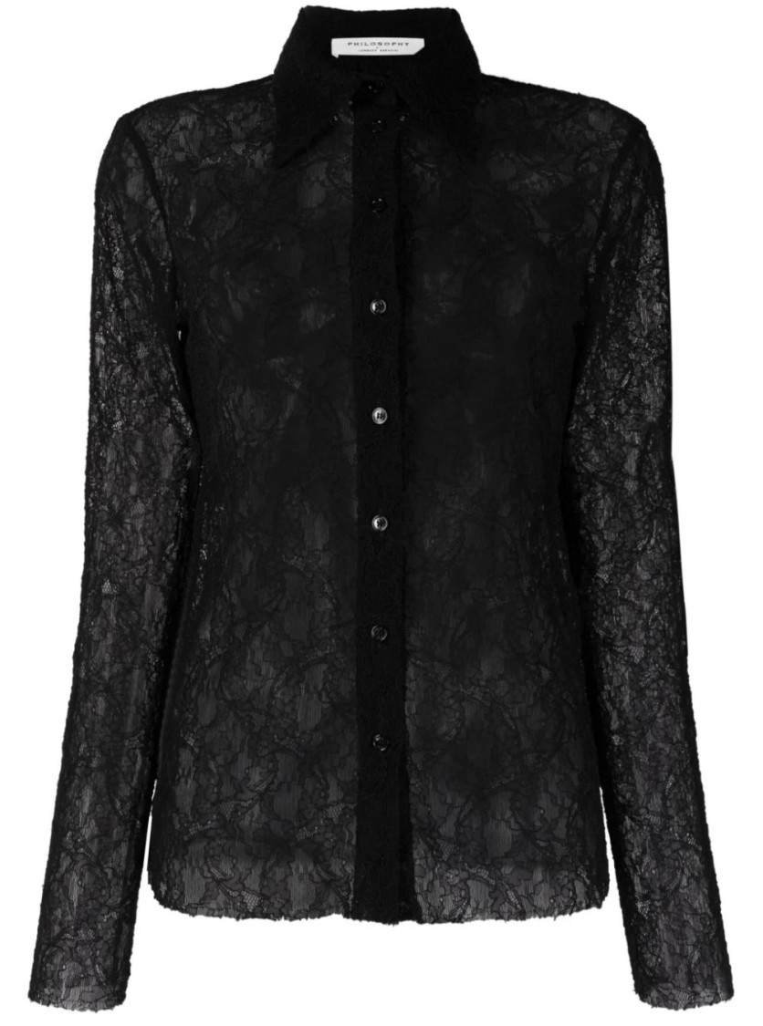 Philosophy Di Lorenzo Serafini Lace Detail Shirt With Elegant Sheer Design And Tailored Fit In Black