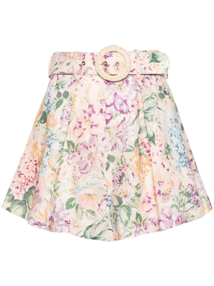 Shop Zimmermann Multicolor Belted Shorts With All-over Floral Print In Linen In Neutrals