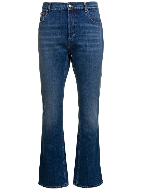 Alexander Mcqueen Blue Flared Jeans With Logo Patch In Cotton Denim In Green