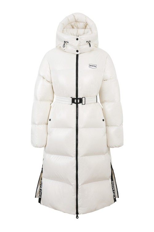 Duvetica Long Down Jacket With Belt And Detachable Hood In White