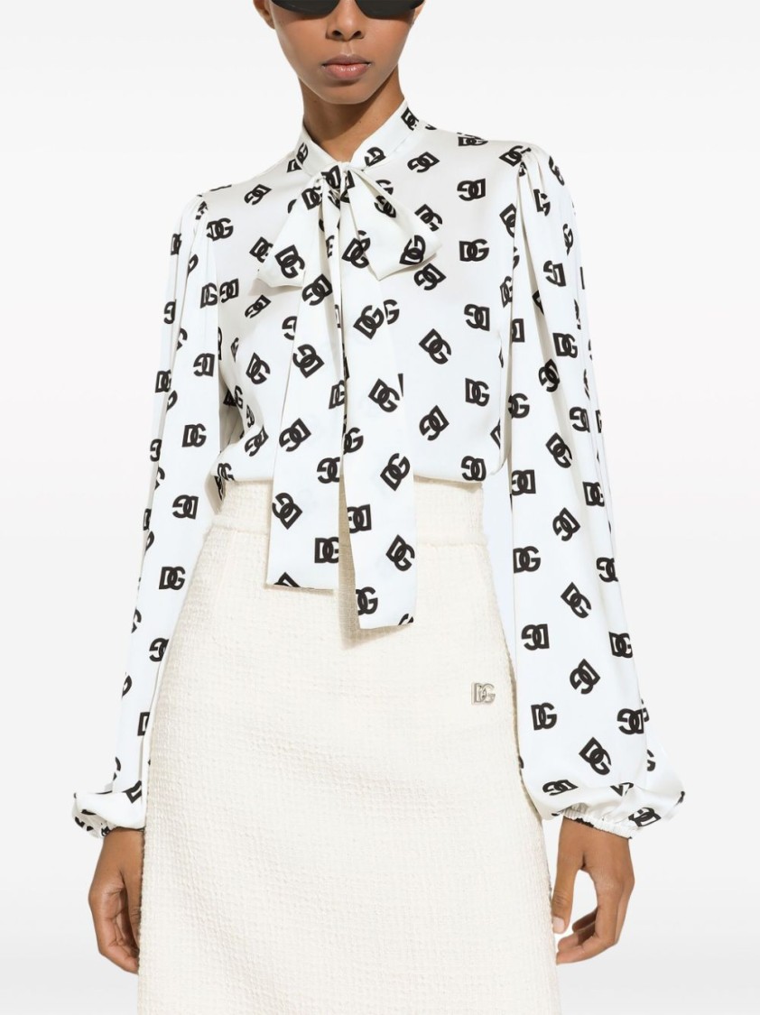 Shop Dolce & Gabbana Elegant Women's Shirt With Iconic Logo Print And Tie Neck Detail In White