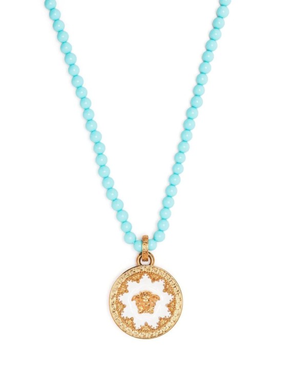 Shop Versace Turquoise Medusa Plate Necklace In Blue