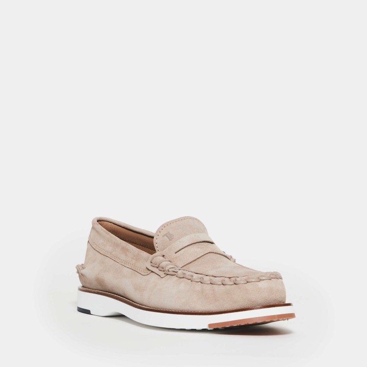 Shop Tod's Moccasin In Beige Suede With Threading And Mask In Neutrals