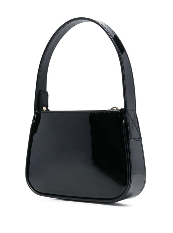 Shop Blumarine Black Patent Finish Mini Bag With Rhinestone-embellished Logo In Calf Leather