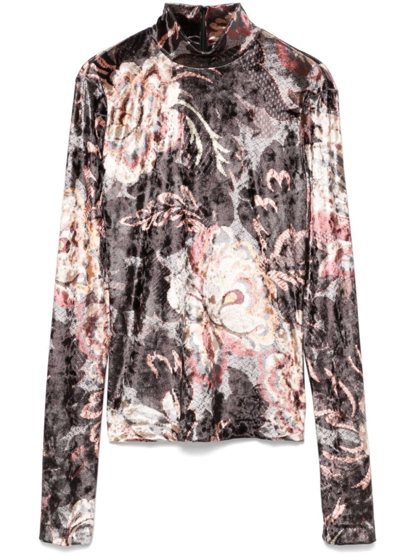 Shop Etro Elegant Velvet Floral Top With High Neck And Long Sleeves In Multicolor