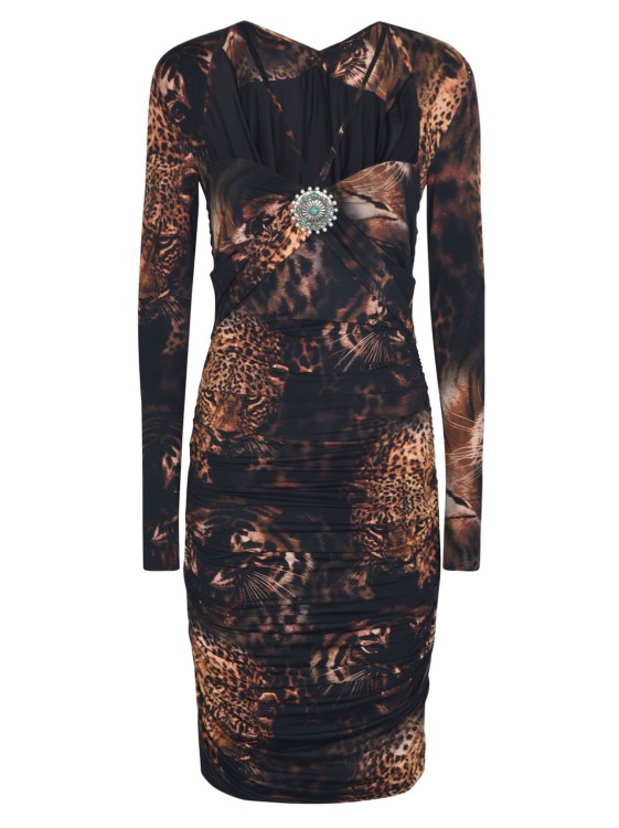 Shop Roberto Cavalli Brown Ruched Animal-print Midi Dress In Black