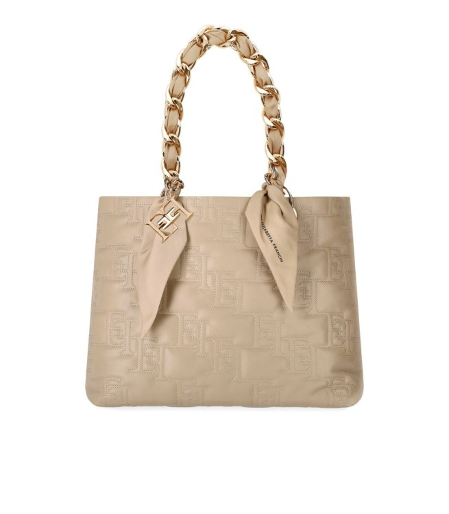 Shop Elisabetta Franchi Beige Shopping Bag With Chain Foulard Scarf In Neutrals