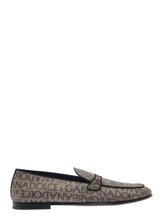 Shop Dolce & Gabbana Ariosto' Beige Loafers With Logo Plaque In Coated Canvas In Grey