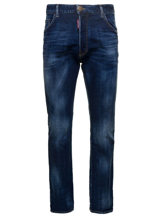Shop Dsquared2 Blue Straight Jeans With Logo Patch And Faded Effect In Stretch Cotton Denim In Black