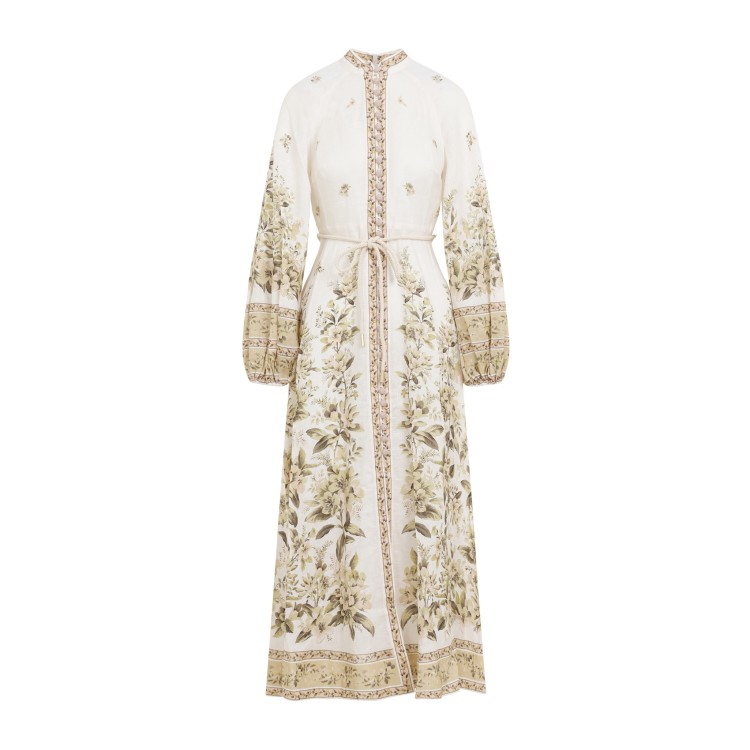 Shop Zimmermann Sage Floral Linen Golden Buttoned Midi Dress In Neutrals