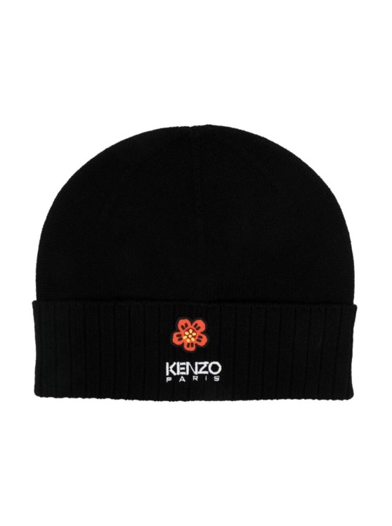 Shop Kenzo Black Beanie With Ribbed Hem And Contrasting Logo In Wool