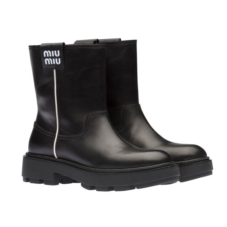 Shop Miu Miu Leather Logo Boots In Black