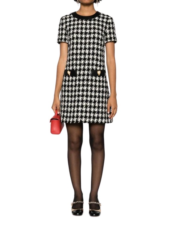 Moschino Button-embellished Houndstooth Wool-blend Tweed Mini Dress In Grey