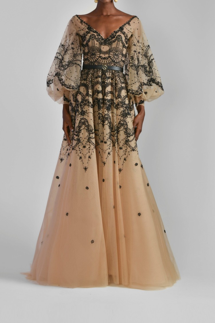 Saiid Kobeisy Tulle Embroidered Gown With Belt In Neutrals