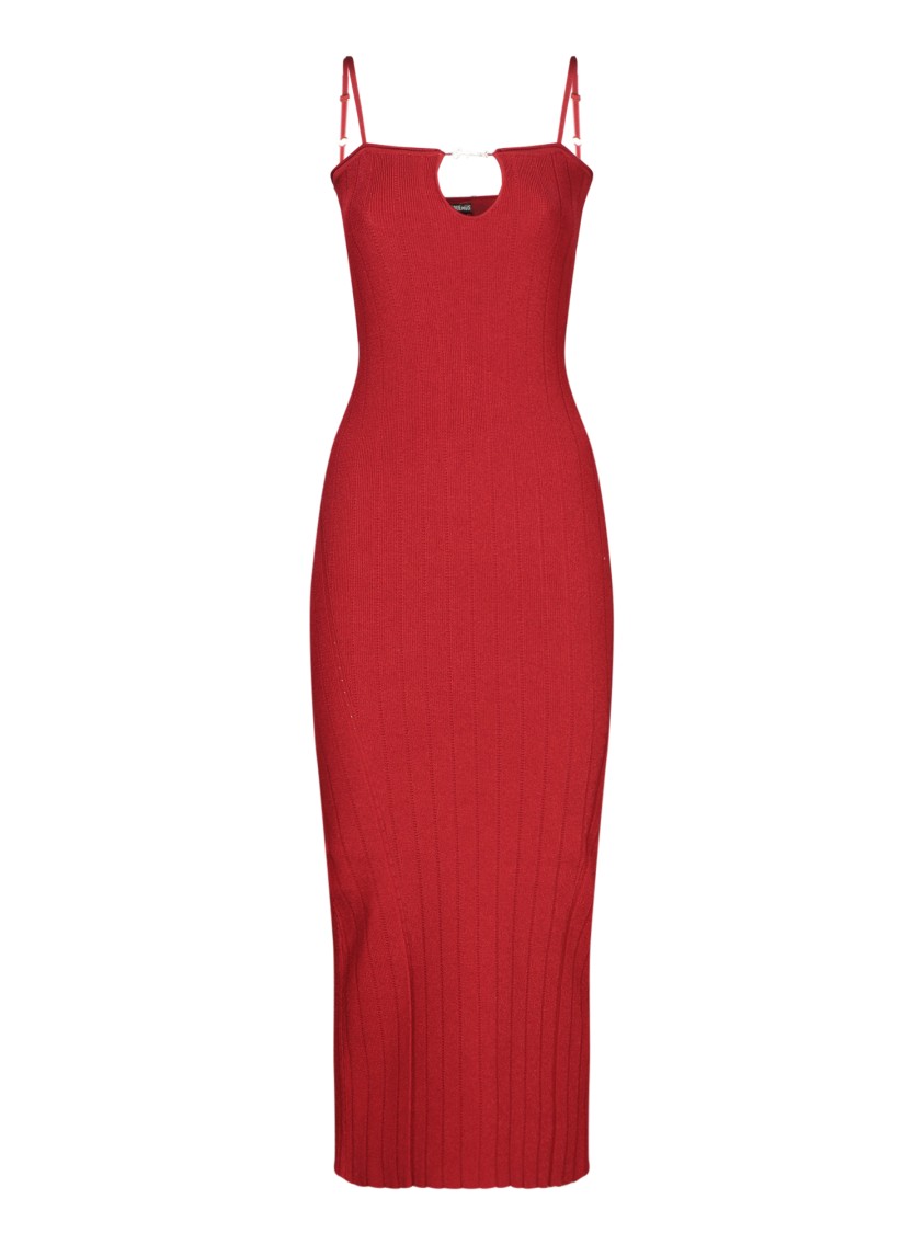 Shop Jacquemus Midi Dress With Ribbed Texture And Keyhole Detail In Red